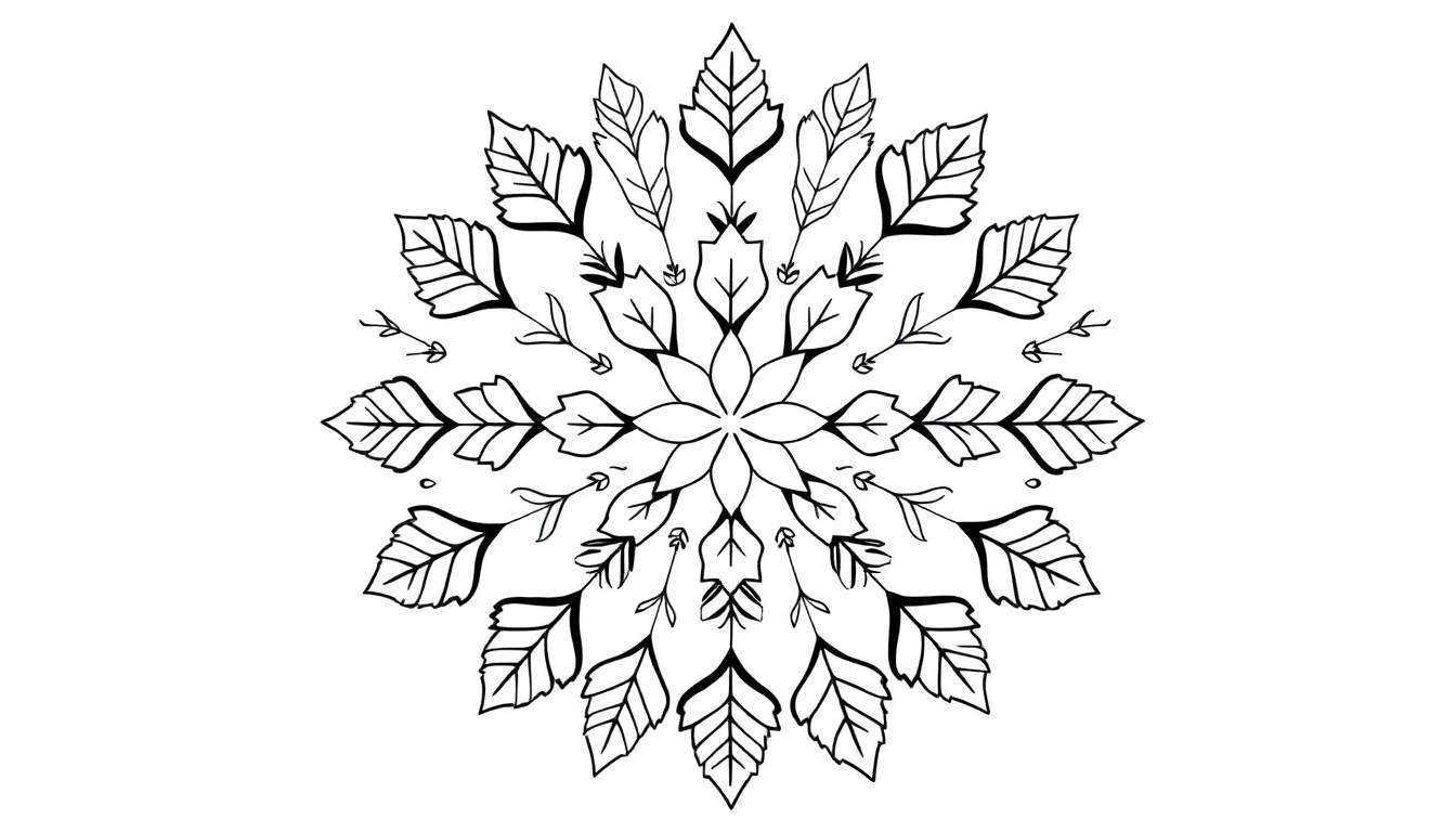 Zwart-wit tekening van een herfstmandala met bladvormige patronen en fijne details.