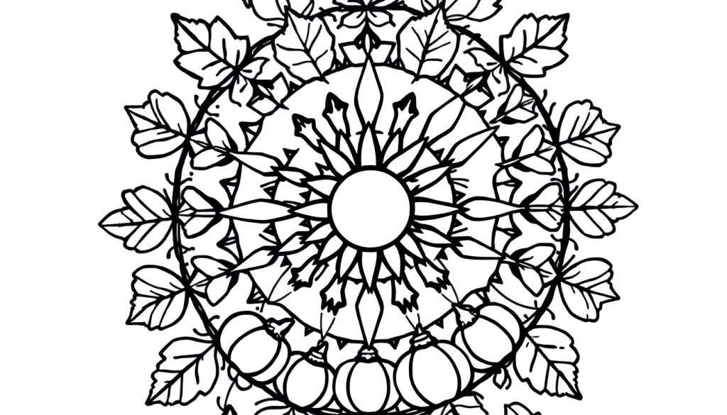 Zwart-wit mandala kleurplaat met een centrale cirkel met stralen, omringd door bladeren en pompoenen in een herfstpatroon.