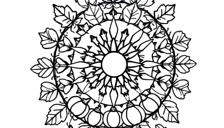 Zwart-wit mandala kleurplaat met een centrale cirkel met stralen, omringd door bladeren en pompoenen in een herfstpatroon.
