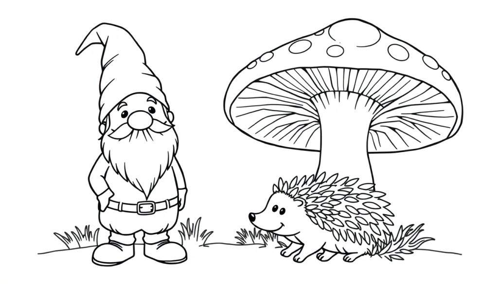 Kleurplaat van een kabouter die bij een herfst paddenstoel staat, met een egeltje ernaast.