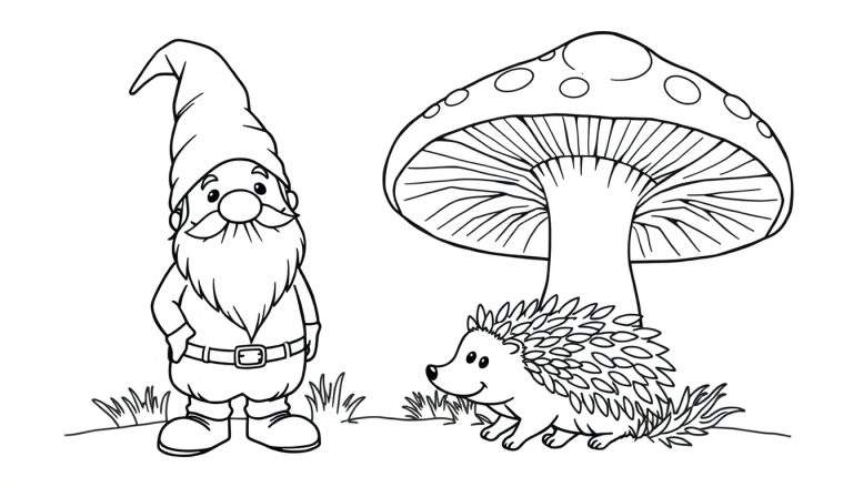 Kleurplaat van een kabouter die bij een herfst paddenstoel staat, met een egeltje ernaast.