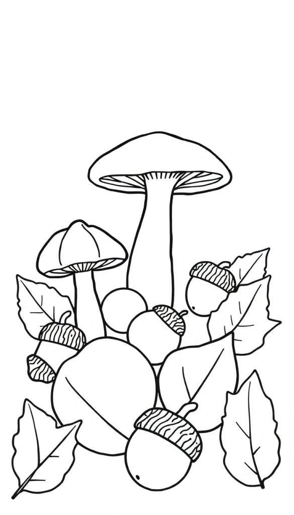 Kleurplaat met een grote paddestoel, een kleine paddestoel, eikels, herfstbladeren en ronde vruchten.