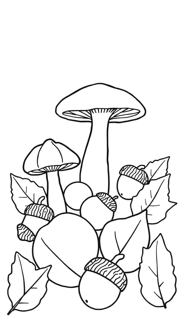 Kleurplaat met een grote paddestoel, een kleine paddestoel, eikels, herfstbladeren en ronde vruchten.