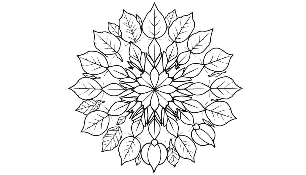 Zwart-wit mandala kleurplaat met symmetrische patronen van herfstbloemen en bladeren rond een centraal punt.