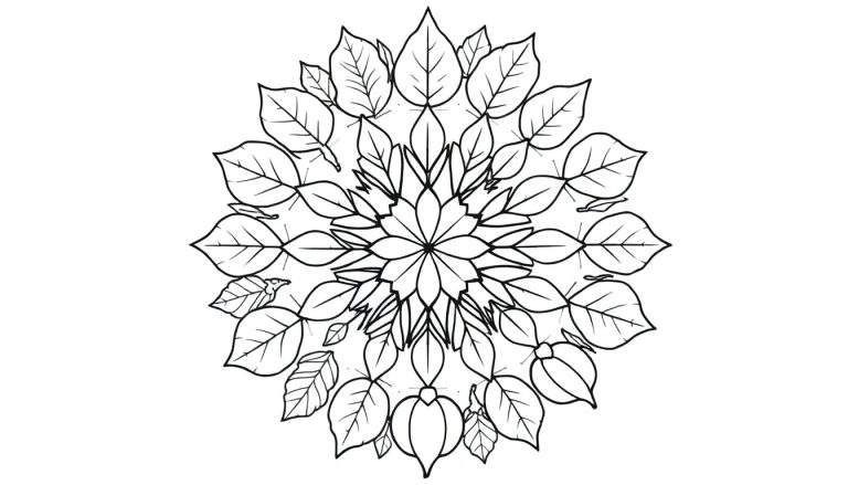 Zwart-wit mandala kleurplaat met symmetrische patronen van herfstbloemen en bladeren rond een centraal punt.