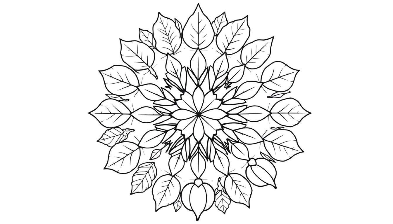 Zwart-wit mandala kleurplaat met symmetrische patronen van herfstbloemen en bladeren rond een centraal punt.
