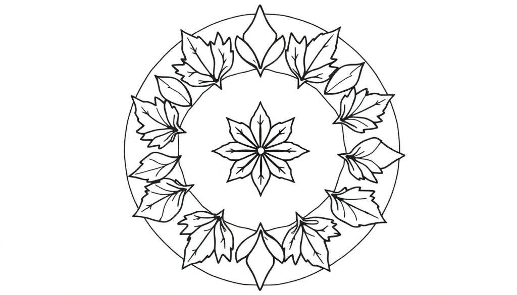 Zwart-wit mandala kleurplaat met een achtpuntige bloem in het midden en veertien bladeren langs de rand, herfstthema.
