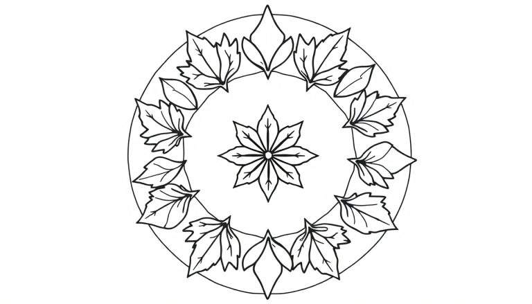 Zwart-wit mandala kleurplaat met een achtpuntige bloem in het midden en veertien bladeren langs de rand, herfstthema.