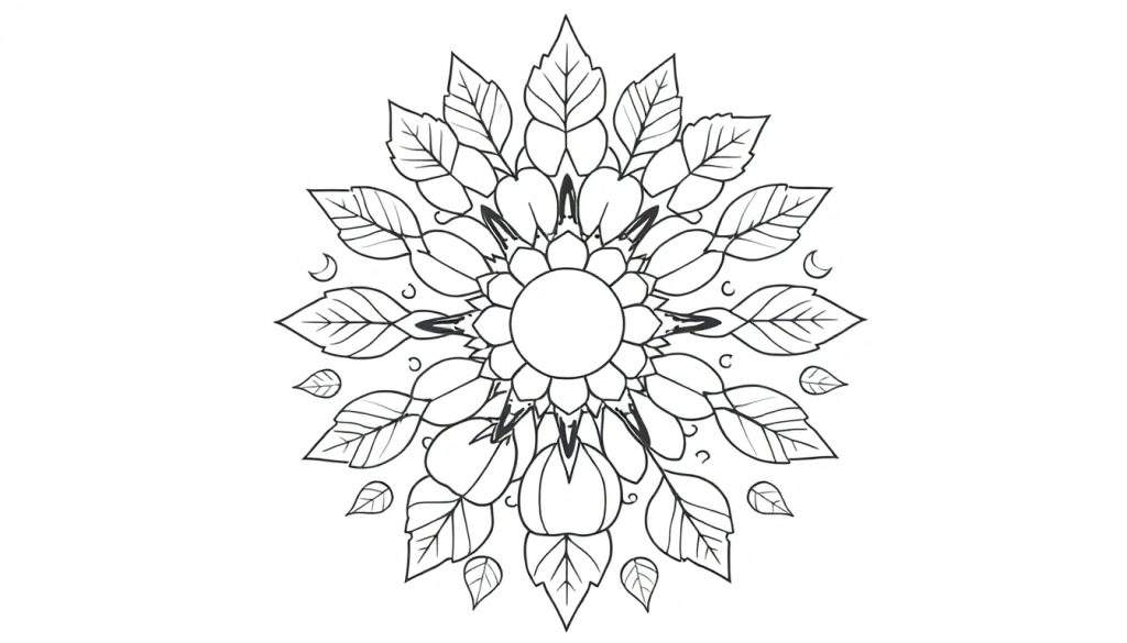 Zwart-wit kleurplaat van een herfst mandala met bladeren, bloemblaadjes, een centrale cirkel en kleine maantjes.