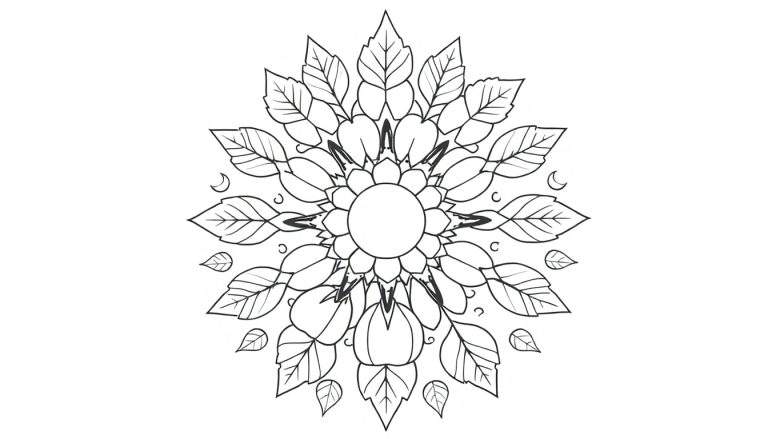 Zwart-wit kleurplaat van een herfst mandala met bladeren, bloemblaadjes, een centrale cirkel en kleine maantjes.