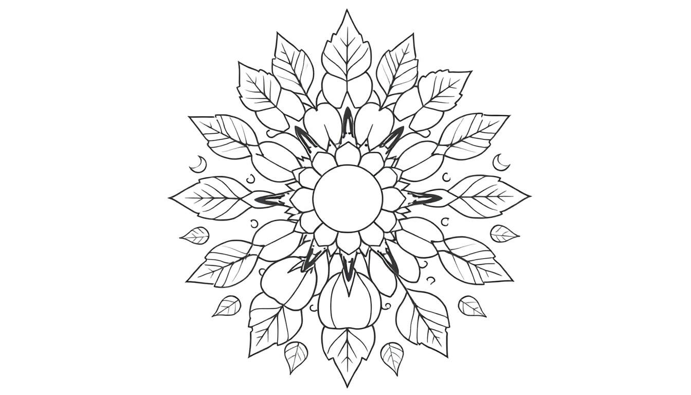 Zwart-wit kleurplaat van een herfst mandala met bladeren, bloemblaadjes, een centrale cirkel en kleine maantjes.