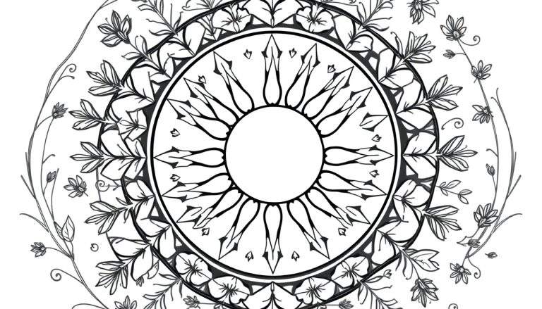 Zwart-wit mandala kleurplaat met bloemen, bladeren en een centraal rondje.