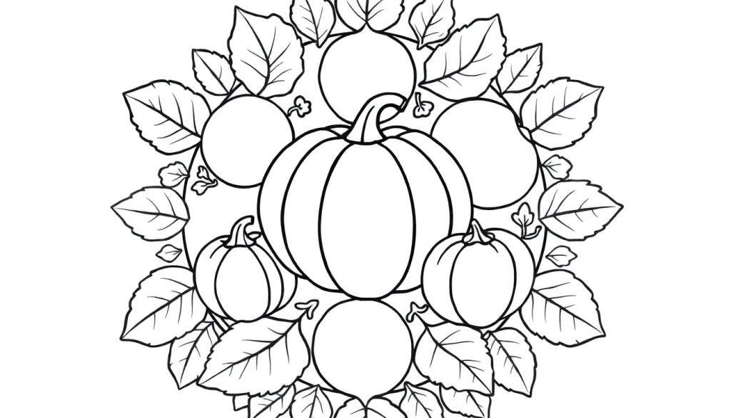 Zwart-wit kleurplaat van een herfstmandala met pompoenen en bladeren, klaar om ingekleurd te worden.