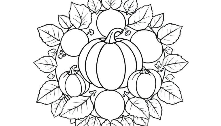 Zwart-wit kleurplaat van een herfstmandala met pompoenen en bladeren, klaar om ingekleurd te worden.
