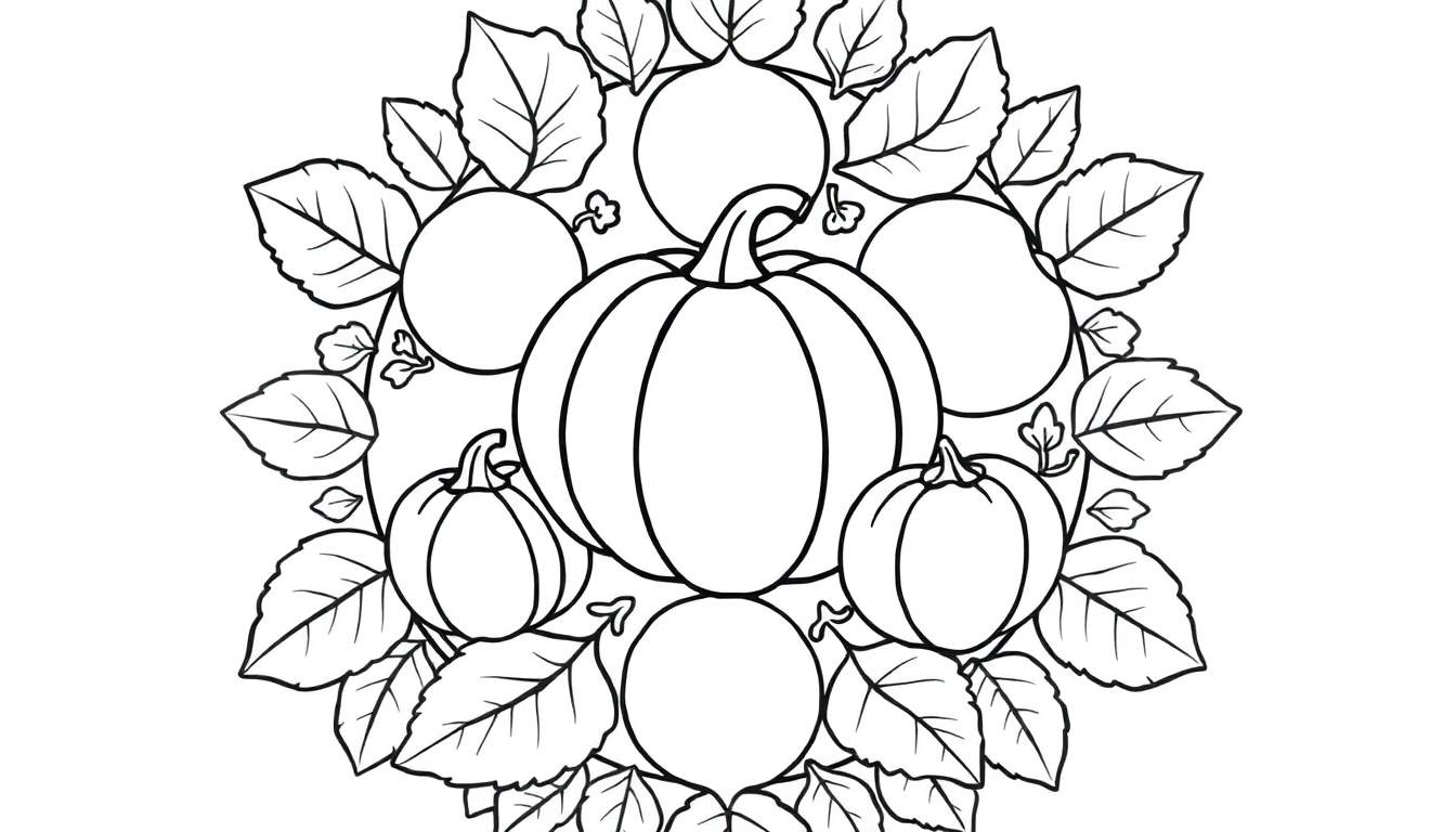 Zwart-wit kleurplaat van een herfstmandala met pompoenen en bladeren, klaar om ingekleurd te worden.