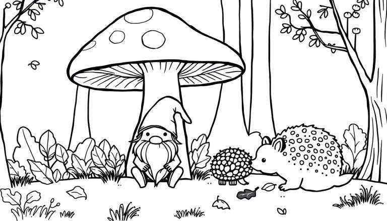 Kleurplaat van een bos met een grote paddenstoel, een kabouter, een schildpad en een stekelvarken in herftsfeer.