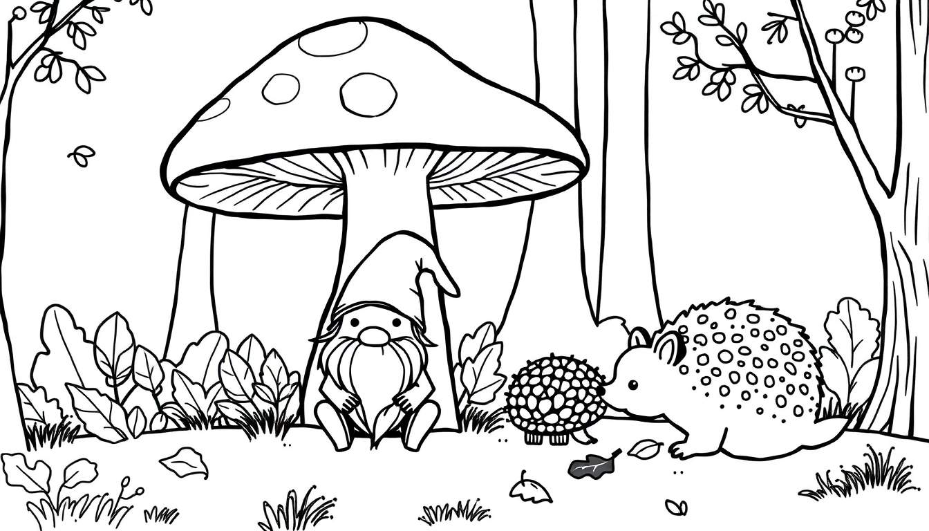 Kleurplaat van een bos met een grote paddenstoel, een kabouter, een schildpad en een stekelvarken in herftsfeer.
