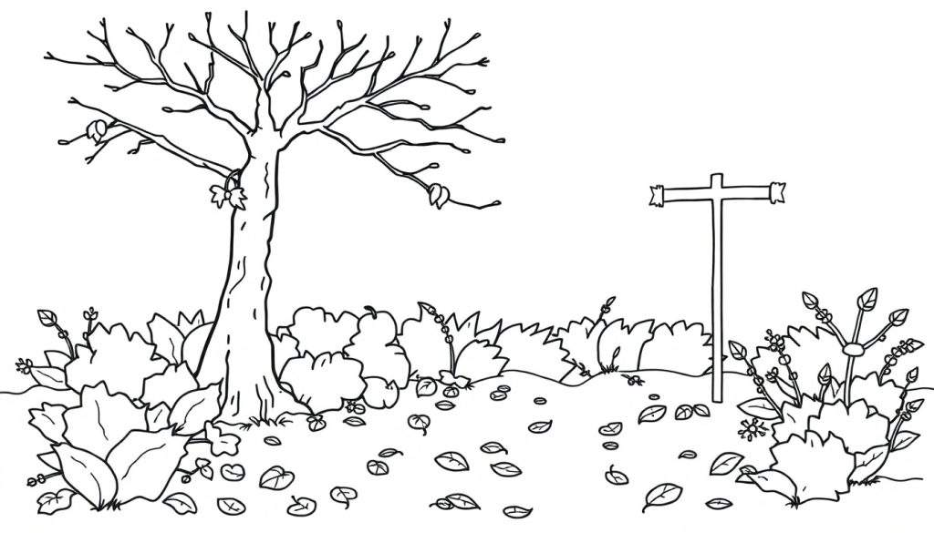 Kleurplaat van een herfsttuin met een kale boom, herfstbladeren, struikgewas en een kruispaal.