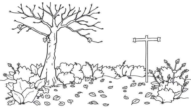 Kleurplaat van een herfsttuin met een kale boom, herfstbladeren, struikgewas en een kruispaal.