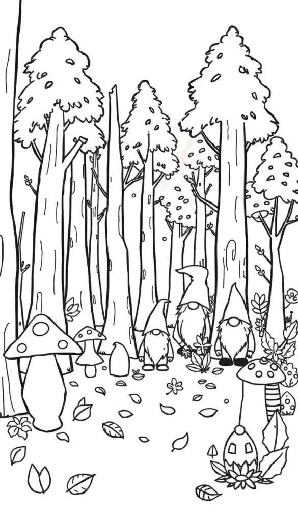 Kleurplaat: Zwart-wit illustratie van een herfstbos met bomen, paddenstoelen, bladeren op de grond en vier kabouters op de voorgrond.