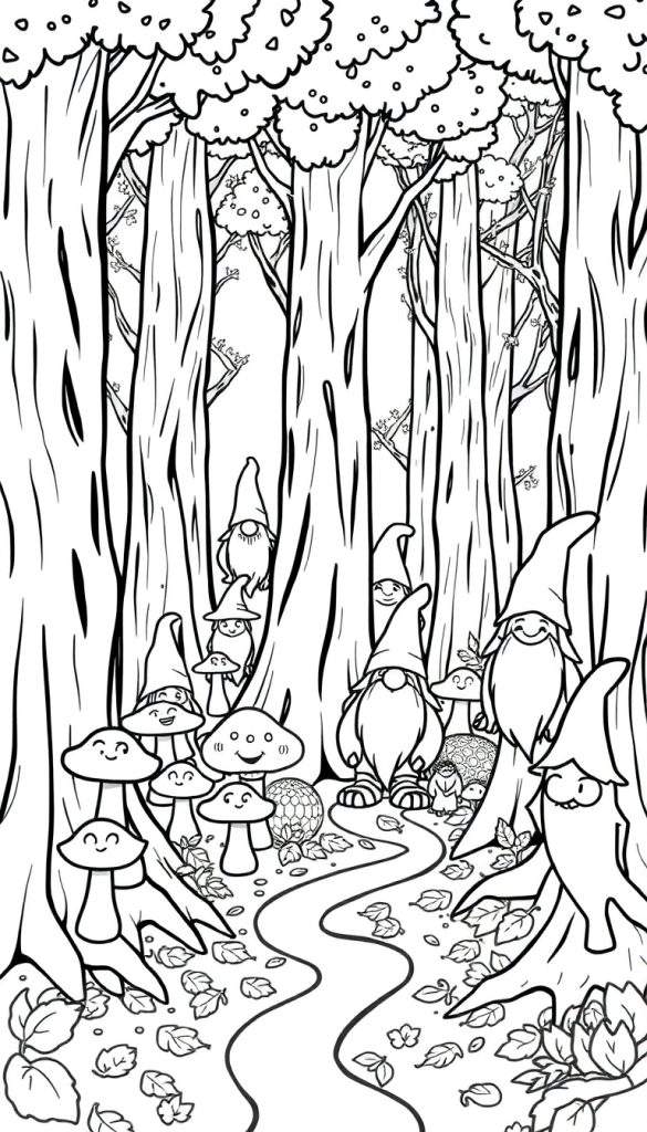 Kleurplaat van een bos in de herfst met bomen, paddenstoelen met gezichten, kabouters met puntmutsen, een pad met herfstblaadjes en decoratieve bolletjes in het gras.