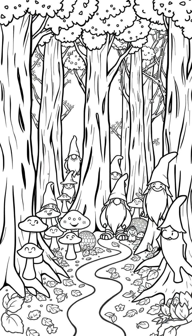 Kleurplaat van een bos in de herfst met bomen, paddenstoelen met gezichten, kabouters met puntmutsen, een pad met herfstblaadjes en decoratieve bolletjes in het gras.