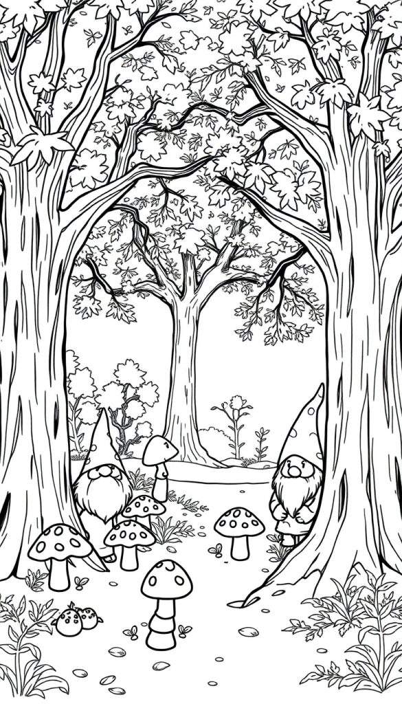 Kleurplaat van een herfstbos met grote bomen, paddenstoelen en twee kabouters.