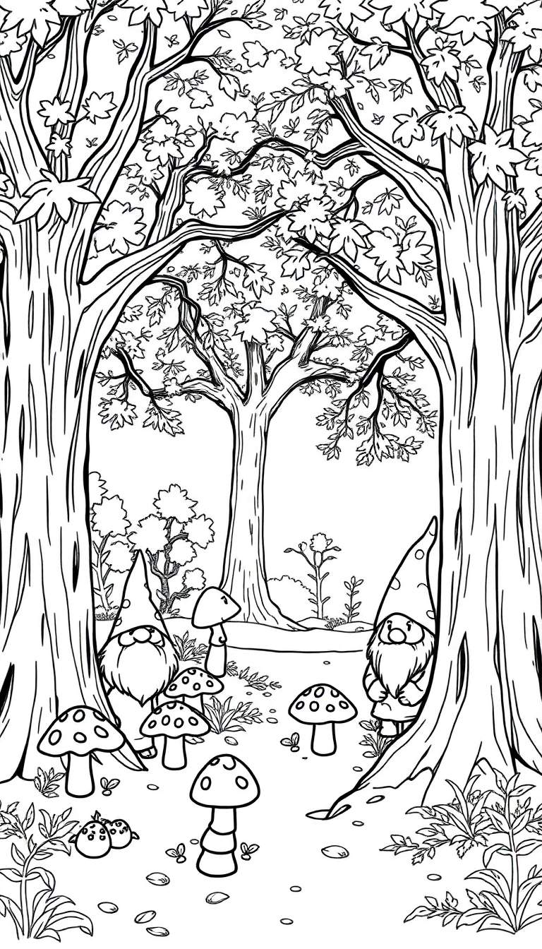 Kleurplaat van een herfstbos met grote bomen, paddenstoelen en twee kabouters.