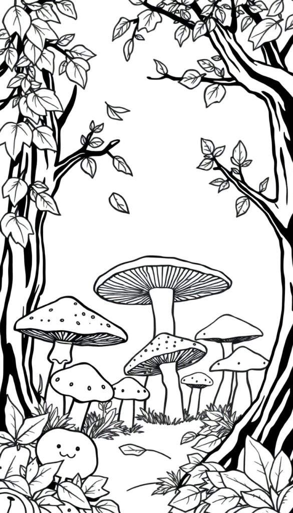 Zwart-witte illustratie van een boslandschap met verschillende paddenstoelen, omringd door bomen met hangende takken en bladeren. Losse bladeren zweven in de lucht en een schattig wezentje komt tevoorschijn uit het gras op de voorgrond.