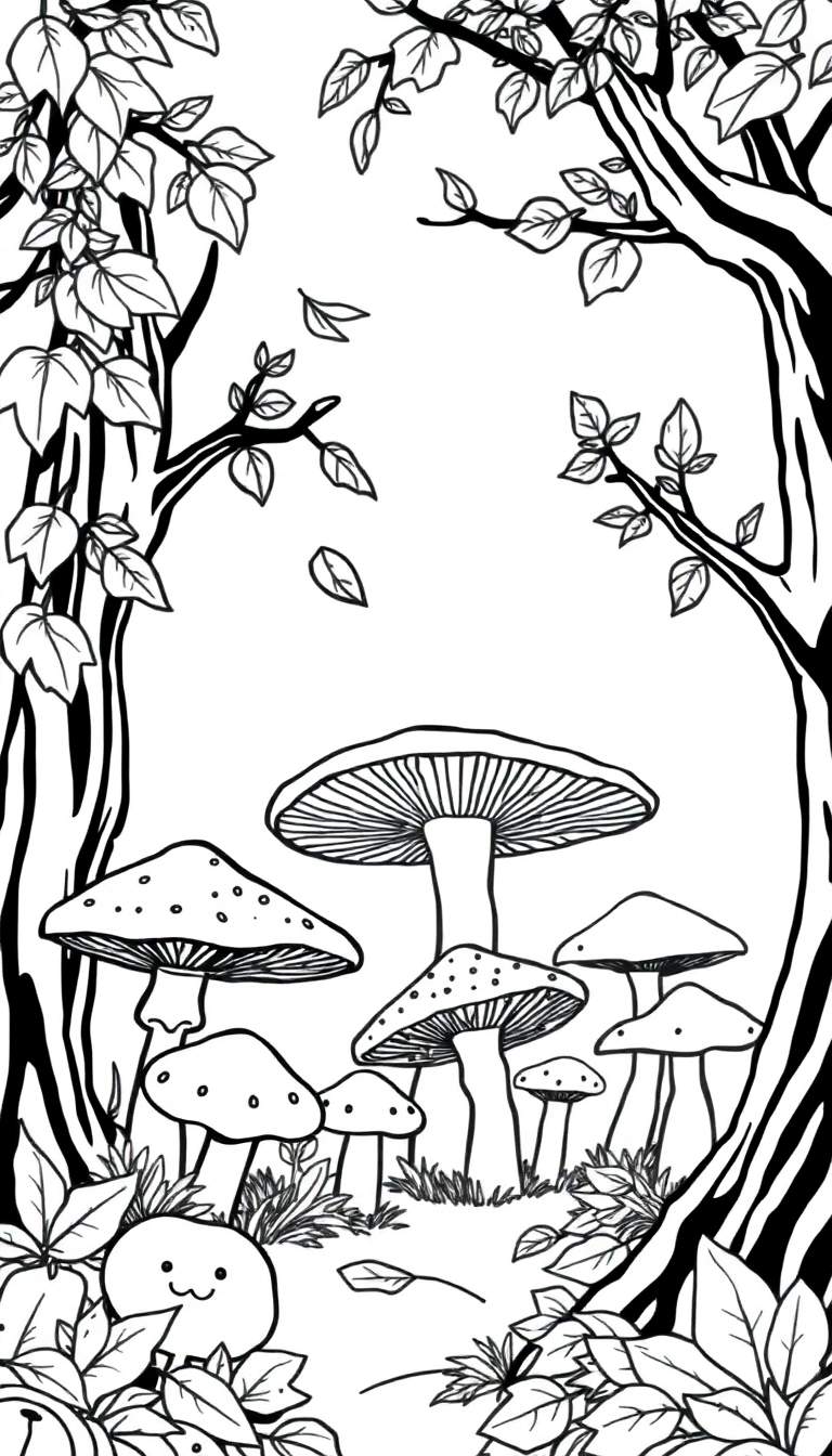 Zwart-witte illustratie van een boslandschap met verschillende paddenstoelen, omringd door bomen met hangende takken en bladeren. Losse bladeren zweven in de lucht en een schattig wezentje komt tevoorschijn uit het gras op de voorgrond.