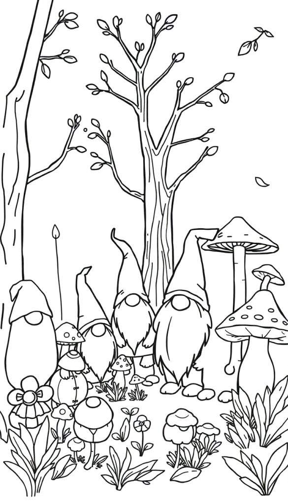 Kleurplaat: Kabouters en paddenstoelen in een herfstbos