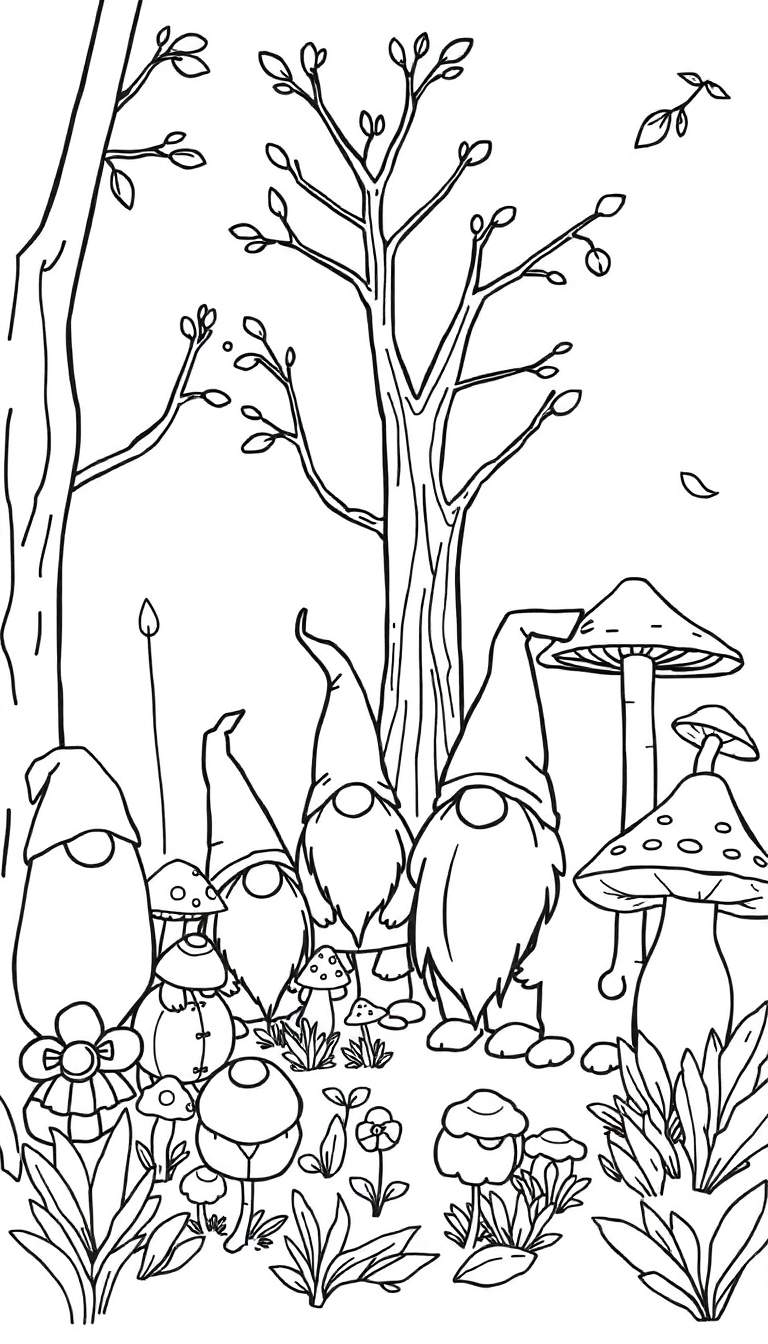 Kleurplaat: Kabouters en paddenstoelen in een herfstbos