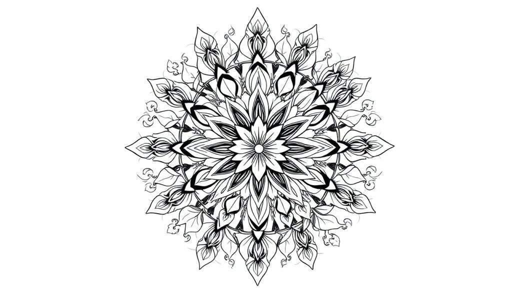 Zwart-wit mandala kleurplaat met bloemige en bladvormige herfstelementen, symmetrisch van opbouw met een centrale bloem.