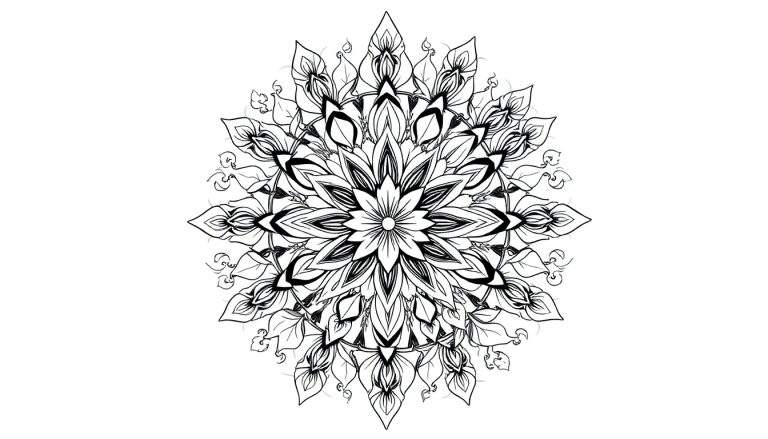 Zwart-wit mandala kleurplaat met bloemige en bladvormige herfstelementen, symmetrisch van opbouw met een centrale bloem.