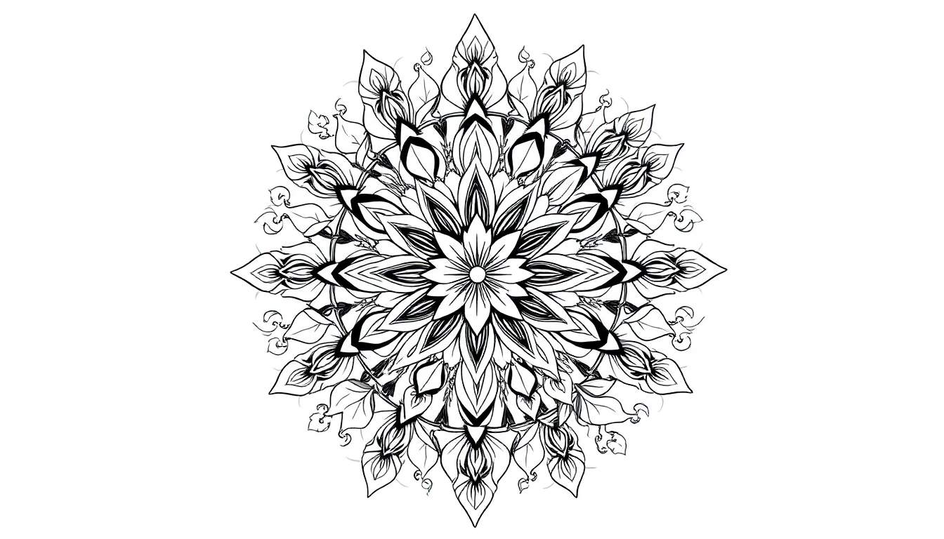 Zwart-wit mandala kleurplaat met bloemige en bladvormige herfstelementen, symmetrisch van opbouw met een centrale bloem.