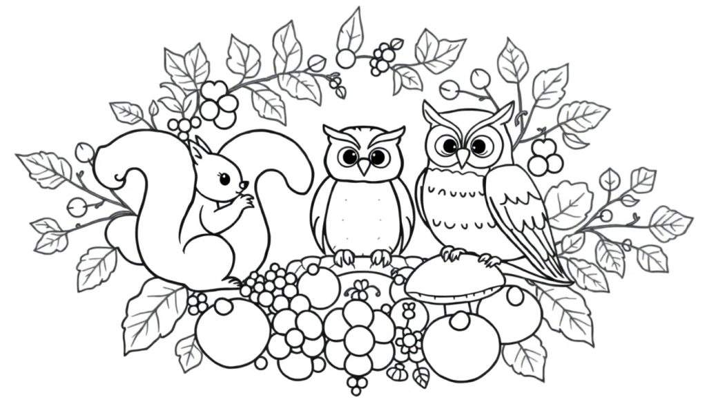 Kleurplaat herfstmandala met eekhoorn, uilen, bladeren, bessen, druiven en appels.