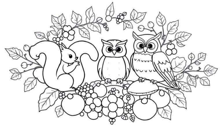 Kleurplaat herfstmandala met eekhoorn, uilen, bladeren, bessen, druiven en appels.