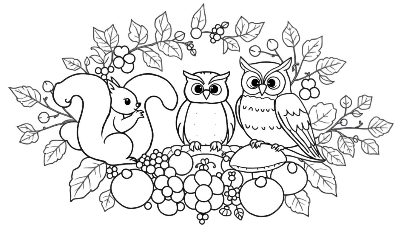 Kleurplaat herfstmandala met eekhoorn, uilen, bladeren, bessen, druiven en appels.