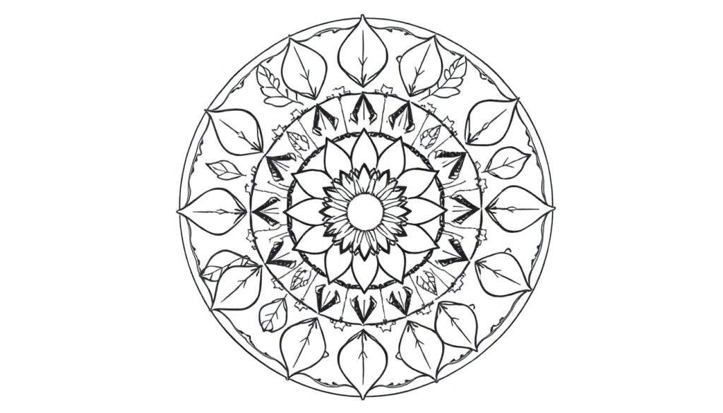 Zwart-witte line-art mandala met herfstthema, centraal een bloemachtig figuur, omringd door cirkels met bladeren en geometrische patronen.