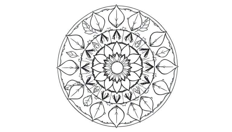 Zwart-witte line-art mandala met herfstthema, centraal een bloemachtig figuur, omringd door cirkels met bladeren en geometrische patronen.