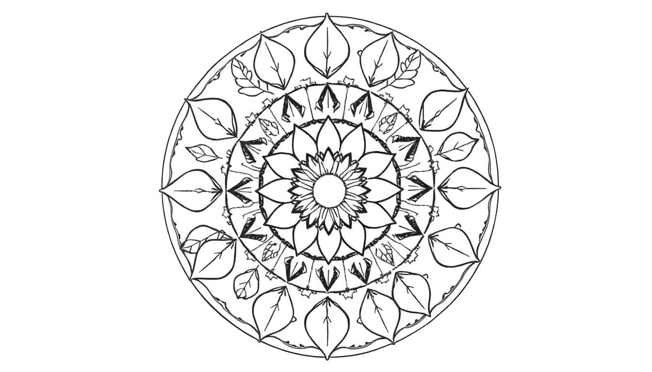 Zwart-witte line-art mandala met herfstthema, centraal een bloemachtig figuur, omringd door cirkels met bladeren en geometrische patronen.