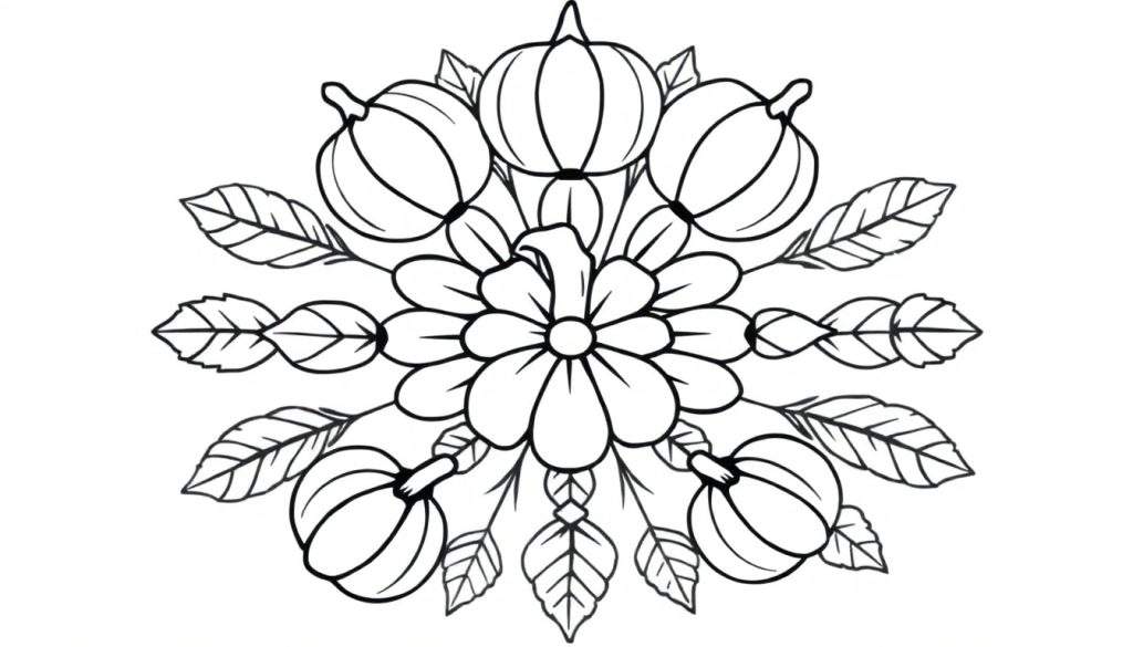 Zwart-wit kleurplaat van een herfstmandala met een centrale bloem, zes pompoenen en bladeren in een cirkelvorm.
