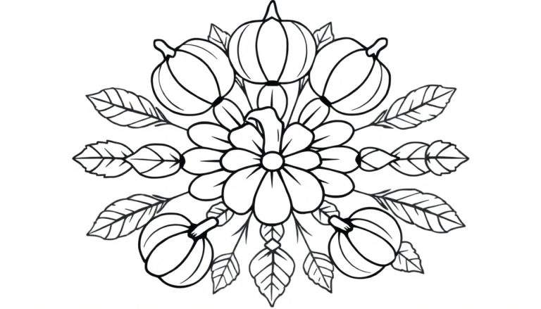 Zwart-wit kleurplaat van een herfstmandala met een centrale bloem, zes pompoenen en bladeren in een cirkelvorm.