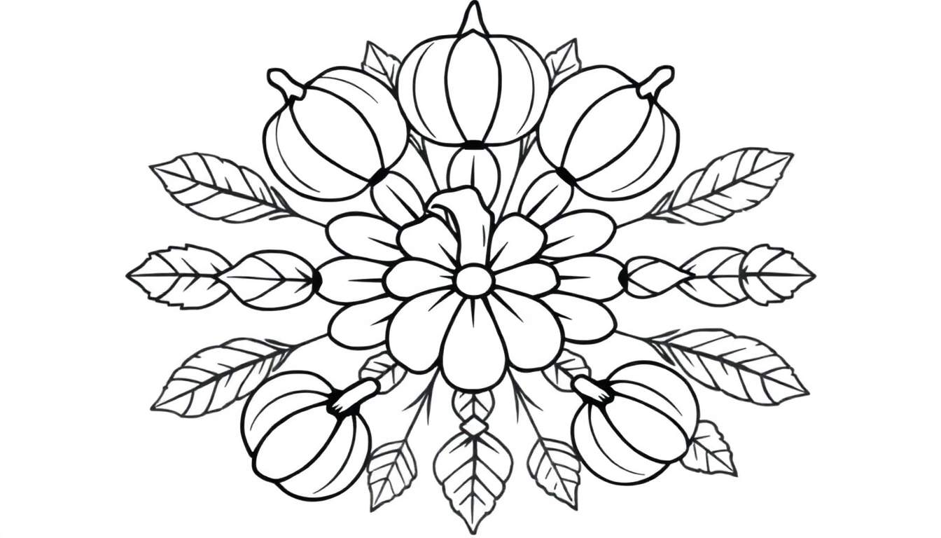 Zwart-wit kleurplaat van een herfstmandala met een centrale bloem, zes pompoenen en bladeren in een cirkelvorm.