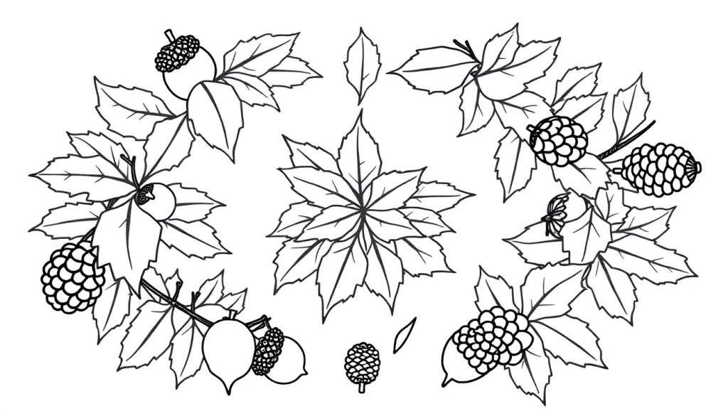 Zwart-wit kleurplaat met een herfstmandala, featuring bladeren, bessen en eikels in een decoratief patroon.