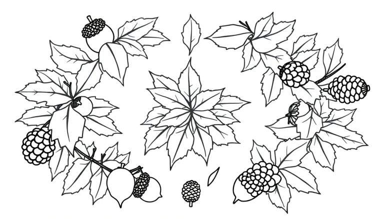 Zwart-wit kleurplaat met een herfstmandala, featuring bladeren, bessen en eikels in een decoratief patroon.