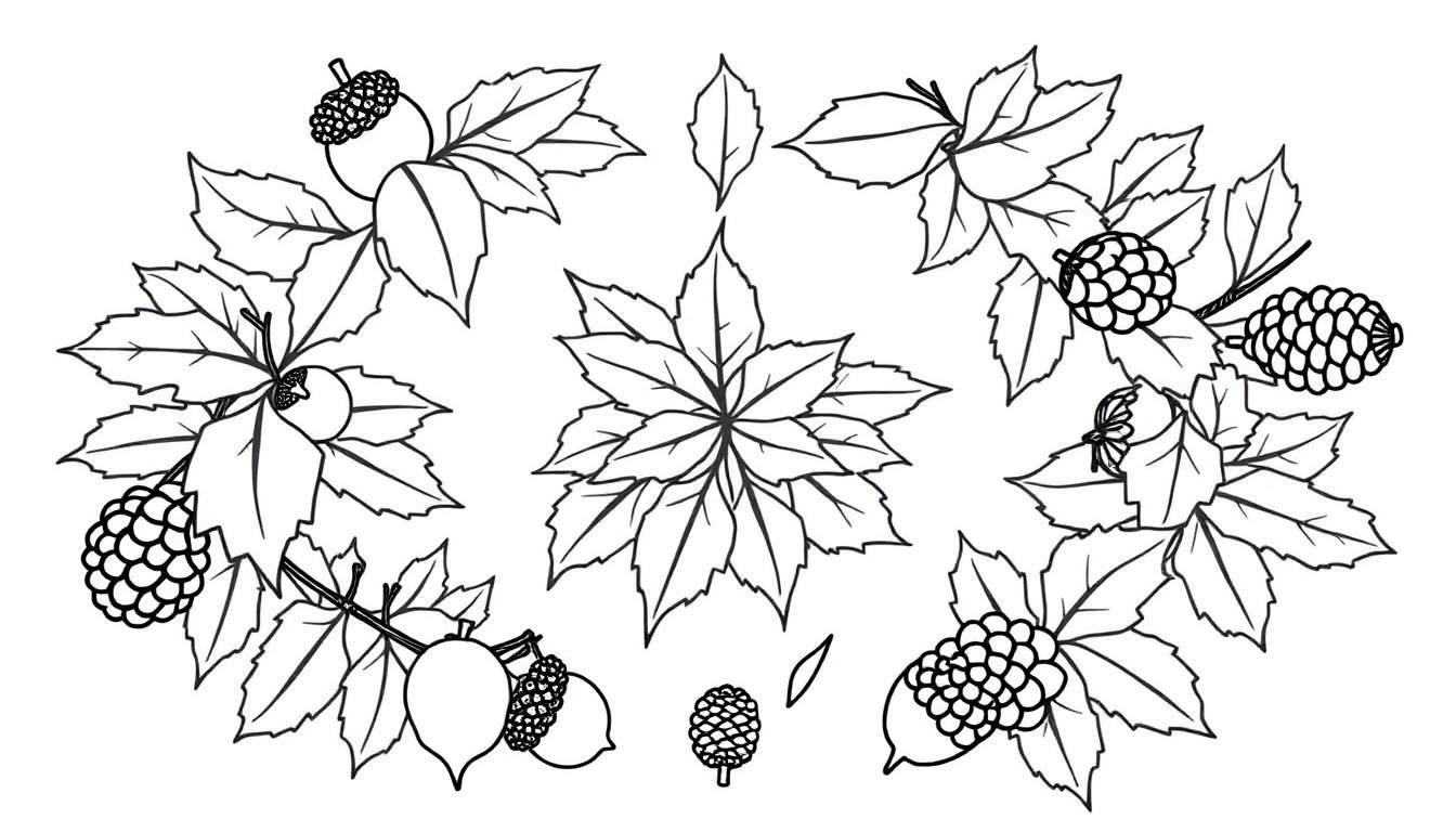 Zwart-wit kleurplaat met een herfstmandala, featuring bladeren, bessen en eikels in een decoratief patroon.