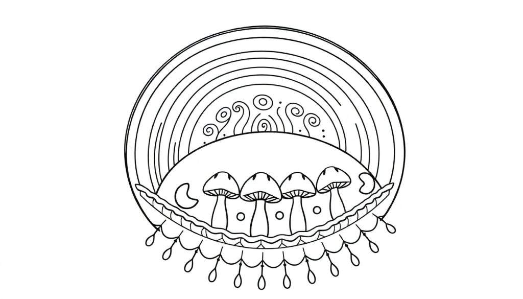 Kleurplaat van een herfstmandala met een regenboogachtige lijn, vier paddenstoelen op een boog met druppels, en een halve maan.