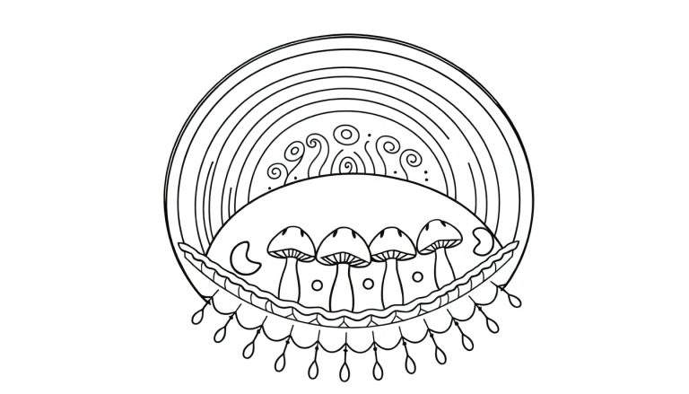 Kleurplaat van een herfstmandala met een regenboogachtige lijn, vier paddenstoelen op een boog met druppels, en een halve maan.