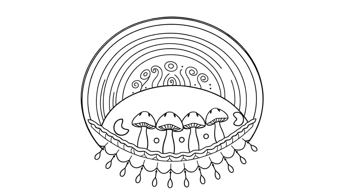 Kleurplaat van een herfstmandala met een regenboogachtige lijn, vier paddenstoelen op een boog met druppels, en een halve maan.